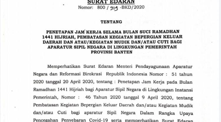 Selama Ramadhan, ASN Pemprov Bekerja dari Rumah Mulai Pukul 06.00 -12.30 WIB