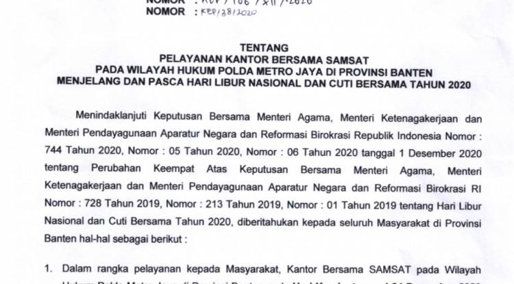 Keputusan Bersama Tim Pembina Samsat Tanggal 24 Desember Samsat se-Provinsi Banten Tetap Melakukan Pelayanan 
